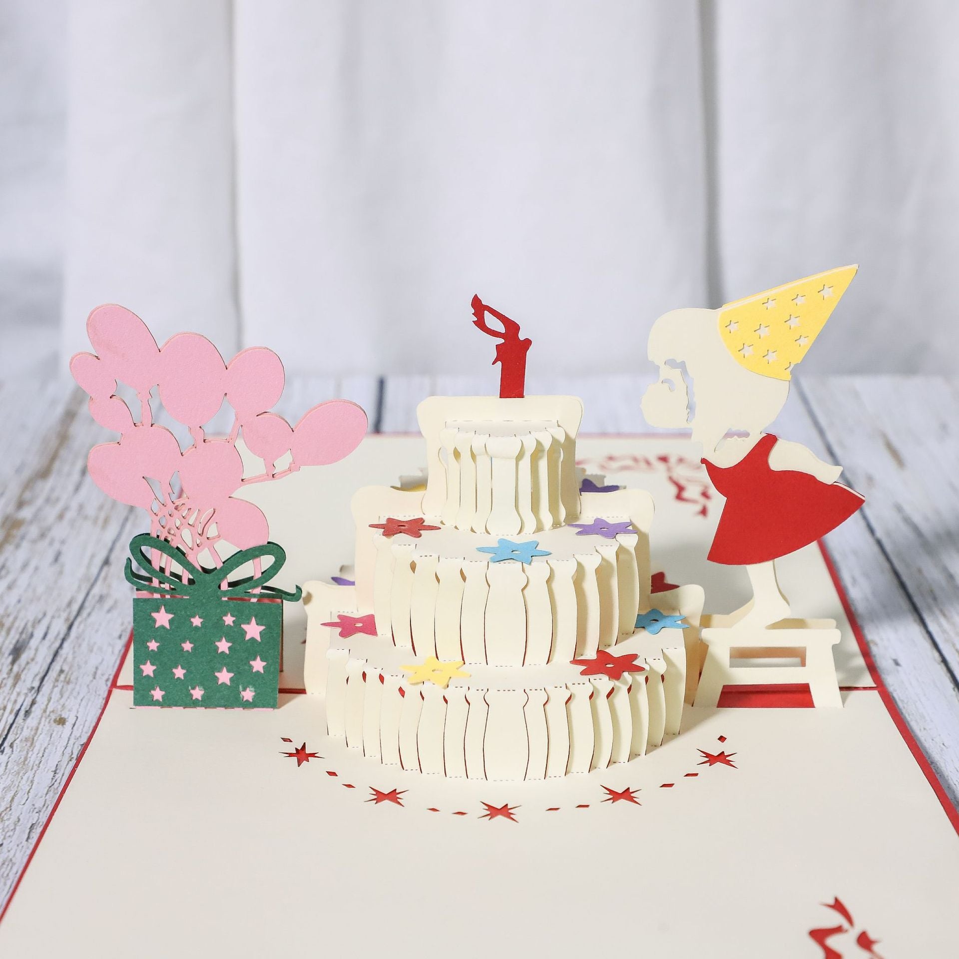 Pop Up Birthday Card - Cake, Balloons, Girl - Q&T 3D Cards and Envelopes