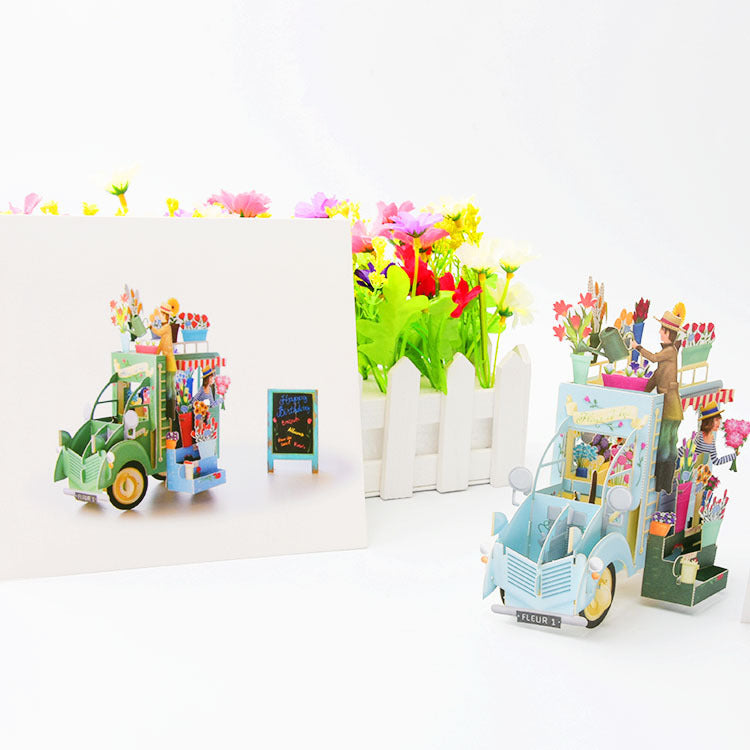 Vintage Flower Truck 3D Birthday Card in Blue or Green