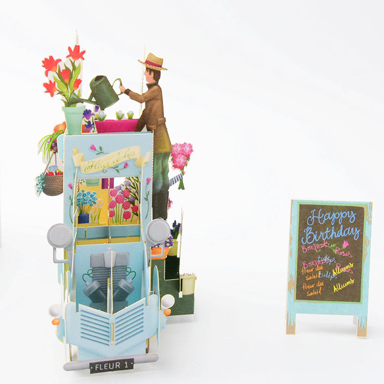 Vintage Flower Truck 3D Birthday Card in Blue or Green