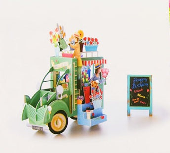 Vintage Flower Truck 3D Birthday Card in Blue or Green