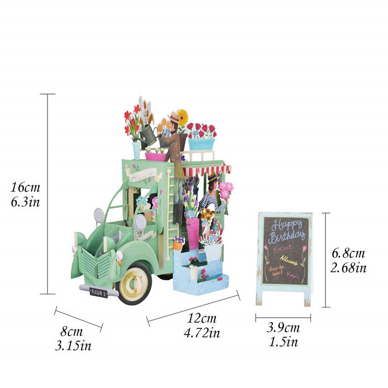 Vintage Flower Truck 3D Birthday Card in Blue or Green