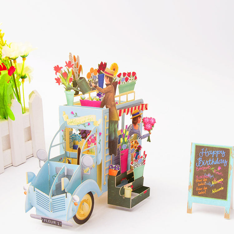 Vintage Flower Truck 3D Birthday Card in Blue or Green