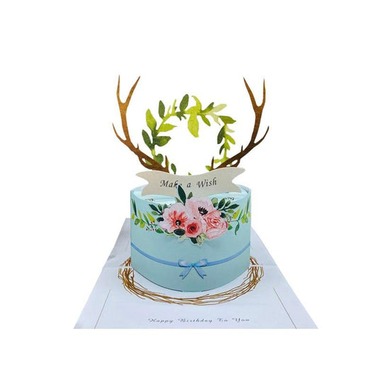 Blue Cake with Deers Antlers Birthday Pop Up Card