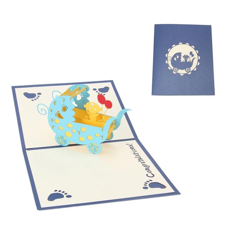 New Baby Funky Pop Up Card in Blue or Red - Q&T 3D Cards and Envelopes