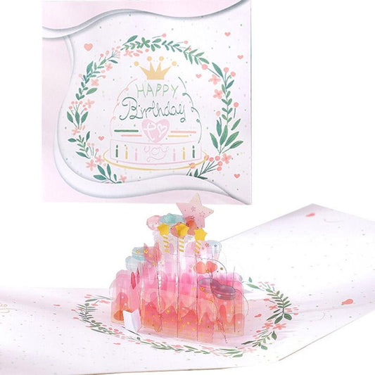 Pink Birthday Cake Pop Up Card - Q&T 3D Cards and Envelopes