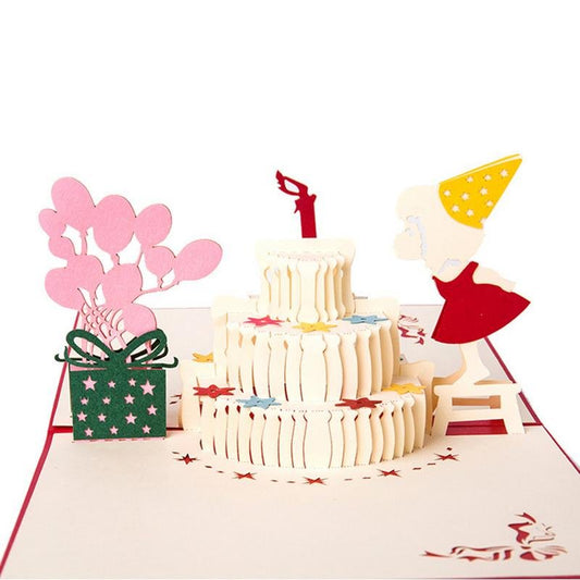 Pop Up Birthday Card - Cake, Balloons, Girl - Q&T 3D Cards and Envelopes